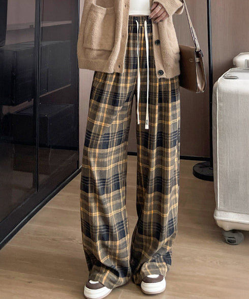 チェック柄パンツハイウエストワイドパンツ 裏起毛チェックパンツ イージーパンツ 暖かリラックスパンツ 体型カバー長ズボン ルーズシルエット カジュアルパンツ韓国風 21KUZI-024