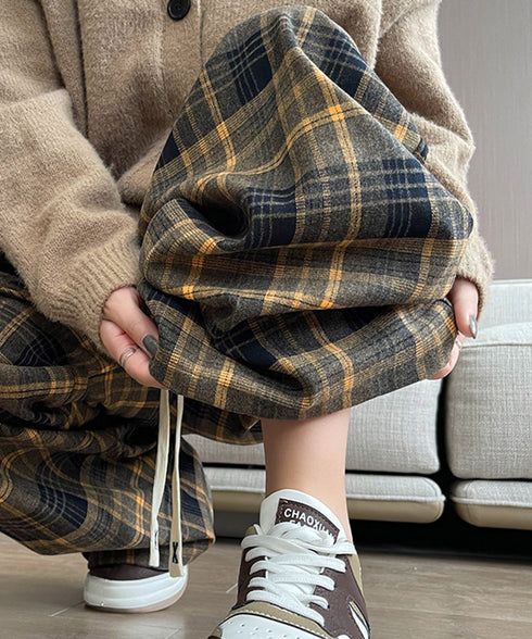 チェック柄パンツハイウエストワイドパンツ 裏起毛チェックパンツ イージーパンツ 暖かリラックスパンツ 体型カバー長ズボン ルーズシルエット カジュアルパンツ韓国風 21KUZI-024