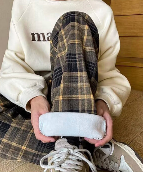チェック柄パンツハイウエストワイドパンツ 裏起毛チェックパンツ イージーパンツ 暖かリラックスパンツ 体型カバー長ズボン ルーズシルエット カジュアルパンツ韓国風 21KUZI-024