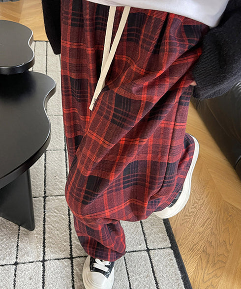 チェック柄パンツハイウエストワイドパンツ チェックパンツ イージーパンツ リラックスパンツ 体型カバー長ズボン ルーズシルエットカジュアルパンツ 韓国ファッション 21KUZI-024