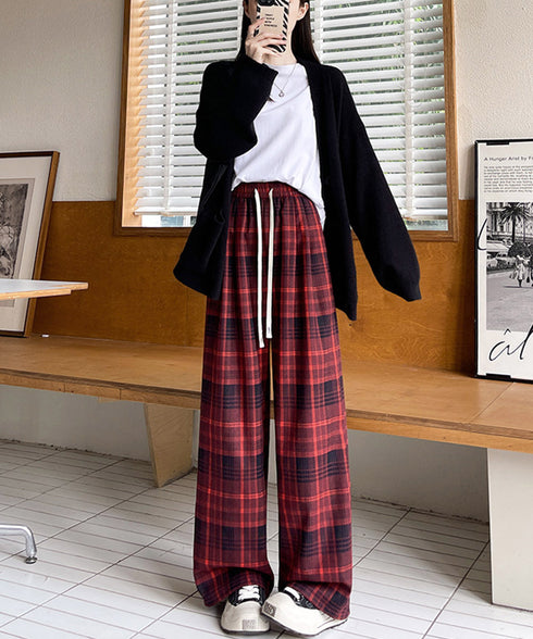 チェック柄パンツハイウエストワイドパンツ 裏起毛チェックパンツ イージーパンツ 暖かリラックスパンツ 体型カバー長ズボン ルーズシルエット カジュアルパンツ韓国風 21KUZI-024