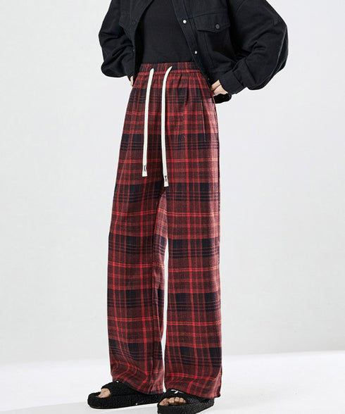 チェック柄パンツハイウエストワイドパンツ チェックパンツ イージーパンツ リラックスパンツ 体型カバー長ズボン ルーズシルエットカジュアルパンツ 韓国ファッション 21KUZI-024
