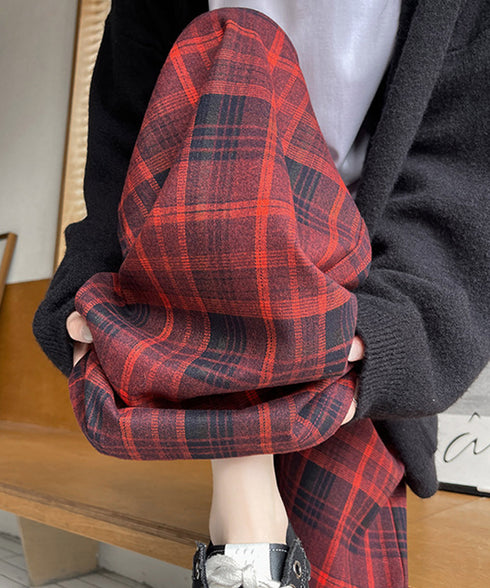 チェック柄パンツハイウエストワイドパンツ 裏起毛チェックパンツ イージーパンツ 暖かリラックスパンツ 体型カバー長ズボン ルーズシルエット カジュアルパンツ韓国風 21KUZI-024
