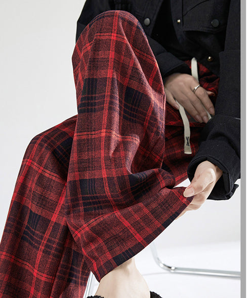 チェック柄パンツハイウエストワイドパンツ チェックパンツ イージーパンツ リラックスパンツ 体型カバー長ズボン ルーズシルエットカジュアルパンツ 韓国ファッション 21KUZI-024