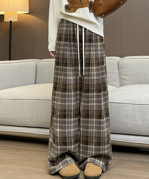チェック柄パンツハイウエストワイドパンツ 裏起毛チェックパンツ イージーパンツ 暖かリラックスパンツ 体型カバー長ズボン ルーズシルエット カジュアルパンツ韓国風 21KUZI-024