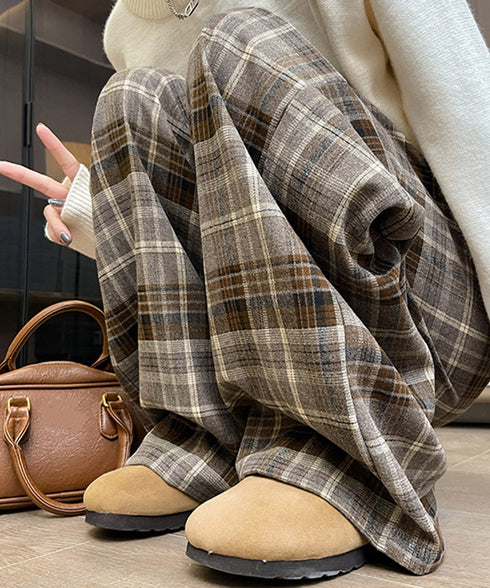 チェック柄パンツハイウエストワイドパンツ チェックパンツ イージーパンツ リラックスパンツ 体型カバー長ズボン ルーズシルエットカジュアルパンツ 韓国ファッション 21KUZI-024