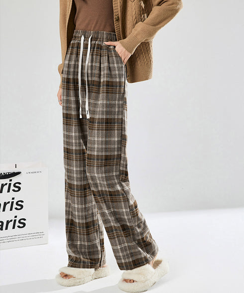 チェック柄パンツハイウエストワイドパンツ 裏起毛チェックパンツ イージーパンツ 暖かリラックスパンツ 体型カバー長ズボン ルーズシルエット カジュアルパンツ韓国風 21KUZI-024