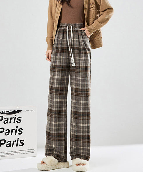 チェック柄パンツハイウエストワイドパンツ 裏起毛チェックパンツ イージーパンツ 暖かリラックスパンツ 体型カバー長ズボン ルーズシルエット カジュアルパンツ韓国風 21KUZI-024