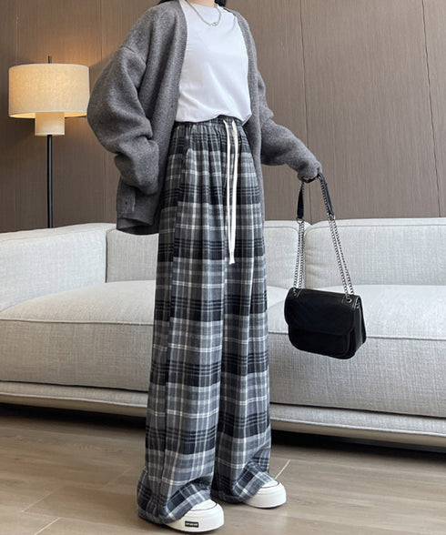 チェック柄パンツハイウエストワイドパンツ 裏起毛チェックパンツ イージーパンツ 暖かリラックスパンツ 体型カバー長ズボン ルーズシルエット カジュアルパンツ韓国風 21KUZI-024