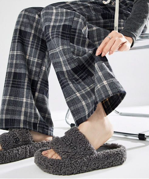 チェック柄パンツハイウエストワイドパンツ 裏起毛チェックパンツ イージーパンツ 暖かリラックスパンツ 体型カバー長ズボン ルーズシルエット カジュアルパンツ韓国風 21KUZI-024