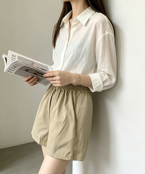 ハイウエストショートパンツ 美脚見え無地 レディースきれいめショートパンツ ウエストゴム 楽ちんパンツ 夏コーデ 大人カジュアル 韓国ファッショントレンドボトムス 21KUZI-025