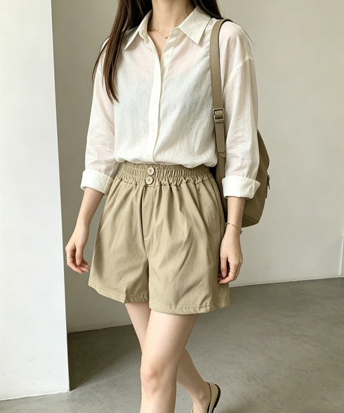 ハイウエストショートパンツ 美脚見え無地 レディースきれいめショートパンツ ウエストゴム 楽ちんパンツ 夏コーデ 大人カジュアル 韓国ファッショントレンドボトムス 21KUZI-025