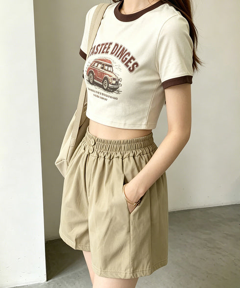 ハイウエストショートパンツ 美脚見え無地 レディースきれいめショートパンツ ウエストゴム 楽ちんパンツ 夏コーデ 大人カジュアル 韓国ファッショントレンドボトムス 21KUZI-025