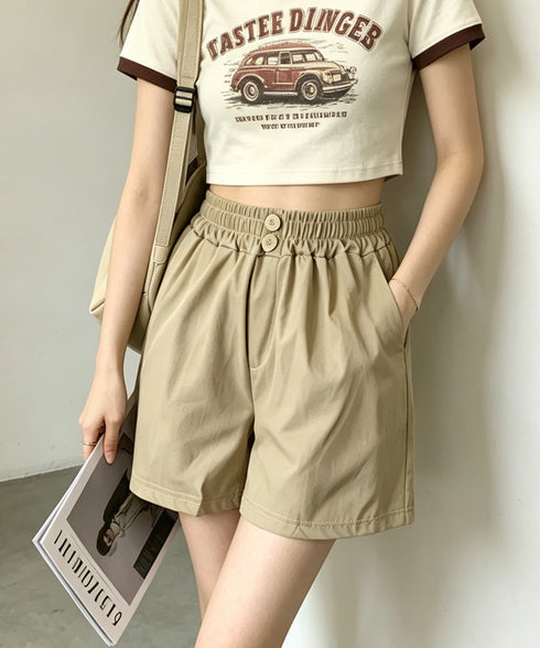 ハイウエストショートパンツ 美脚見え無地 レディースきれいめショートパンツ ウエストゴム 楽ちんパンツ 夏コーデ 大人カジュアル 韓国ファッショントレンドボトムス 21KUZI-025