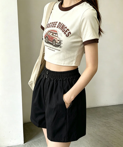 ハイウエストショートパンツ 美脚見え無地 レディースきれいめショートパンツ ウエストゴム 楽ちんパンツ 夏コーデ 大人カジュアル 韓国ファッショントレンドボトムス 21KUZI-025