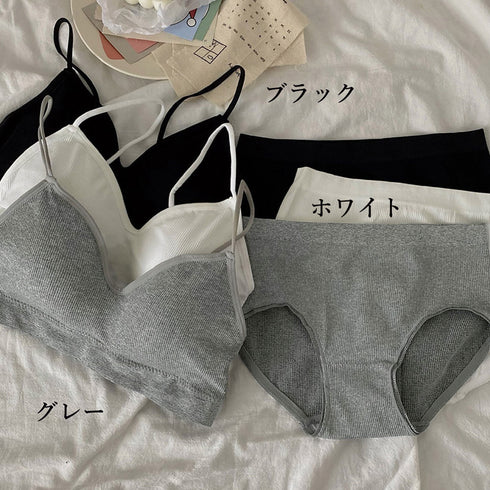 リブ素材 ブラショーツ 2点セット 黒 セクシーランジェリー 上下セット レディース ノンワイヤーブラ 春 夏 秋 冬 インナー ブラセット 無地 21NEIYI-012