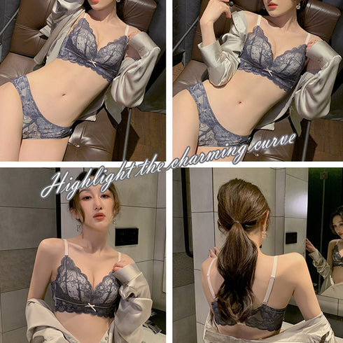 花柄レースブラショーツセット セクシー ブラジャーショーツ 上下セット フロントリボン ノンワイヤー ランジェリー 盛れる 韓国風 インナー 3/4カップ 美胸 21NEIYI-022