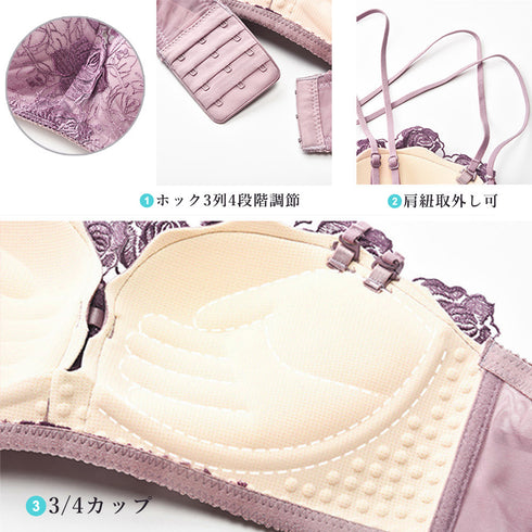 ブラジャーショーツセットレディース ブラ ブラジャー 3/4カップ 花柄刺しゅう レースランジェリーセット 可愛い 盛りブラ 韓国風 美胸ワイヤレスブラ 痛くない 21NEIYI-030