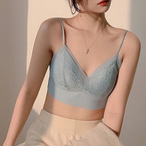 冷感タッチブラトップレディースレース下着 レースブラジャー ノンワイヤー単品ブラ 大人女性 ワイヤレス キャミブラ 快適インナー Vネック 美胸ランジェリー 春 21NEIYI-032