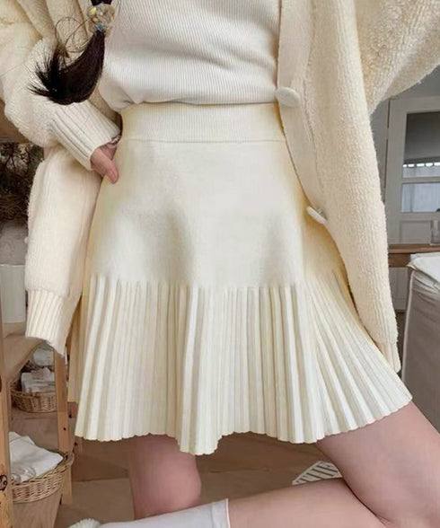プリーツミニスカートニットスカート 秋冬 着回しAラインフレアスカート ハイウエストショート丈スカート お洒落ボトムス オルチャン きれいめスカート通学 脚長見え 21QUNZI-007