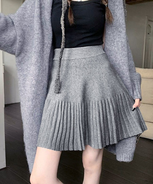プリーツミニスカートニットスカート 秋冬 着回しAラインフレアスカート ハイウエストショート丈スカート お洒落ボトムス オルチャン きれいめスカート通学 脚長見え 21QUNZI-007