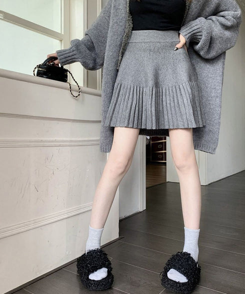 プリーツミニスカートニットスカート 秋冬 着回しAラインフレアスカート ハイウエストショート丈スカート お洒落ボトムス オルチャン きれいめスカート通学 脚長見え 21QUNZI-007