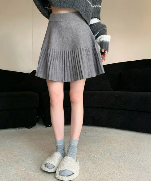プリーツミニスカートニットスカート 秋冬 着回しAラインフレアスカート ハイウエストショート丈スカート お洒落ボトムス オルチャン きれいめスカート通学 脚長見え 21QUNZI-007
