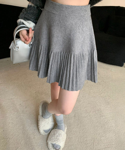 プリーツミニスカートニットスカート 秋冬 着回しAラインフレアスカート ハイウエストショート丈スカート お洒落ボトムス オルチャン きれいめスカート通学 脚長見え 21QUNZI-007