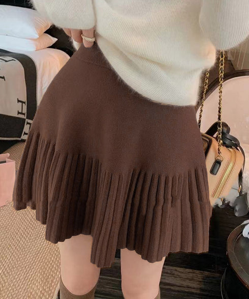 プリーツミニスカートニットスカート 秋冬 着回しAラインフレアスカート ハイウエストショート丈スカート お洒落ボトムス オルチャン きれいめスカート通学 脚長見え 21QUNZI-007