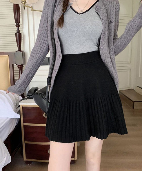 プリーツミニスカートニットスカート 秋冬 着回しAラインフレアスカート ハイウエストショート丈スカート お洒落ボトムス オルチャン きれいめスカート通学 脚長見え 21QUNZI-007