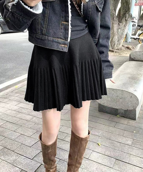 プリーツミニスカートニットスカート 秋冬 着回しAラインフレアスカート ハイウエストショート丈スカート お洒落ボトムス オルチャン きれいめスカート通学 脚長見え 21QUNZI-007
