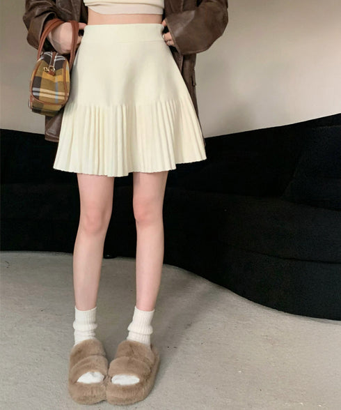 プリーツミニスカートニットスカート 秋冬 着回しAラインフレアスカート ハイウエストショート丈スカート お洒落ボトムス オルチャン きれいめスカート通学 脚長見え 21QUNZI-007