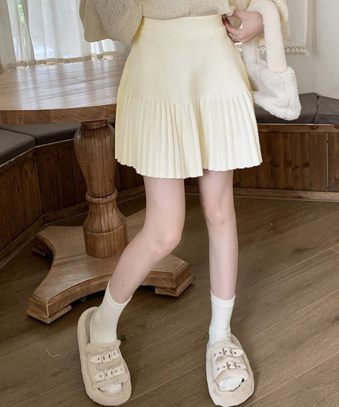プリーツミニスカートニットスカート 秋冬 着回しAラインフレアスカート ハイウエストショート丈スカート お洒落ボトムス オルチャン きれいめスカート通学 脚長見え 21QUNZI-007