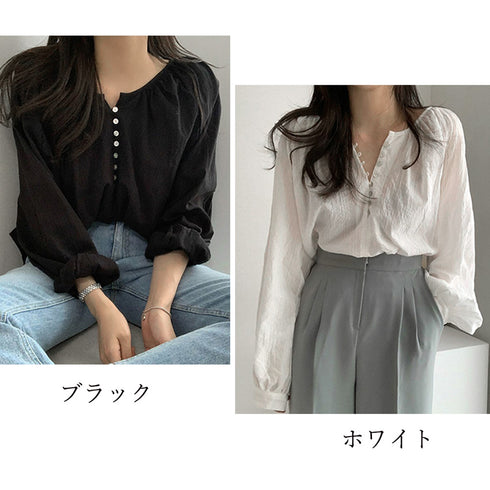 フロントボタン ブラウス バルーンシャツ 大人可愛い トップス きれいめ ホワイト フェミニン 透け感 肌見せ セクシー 白 21SHANGYI-012