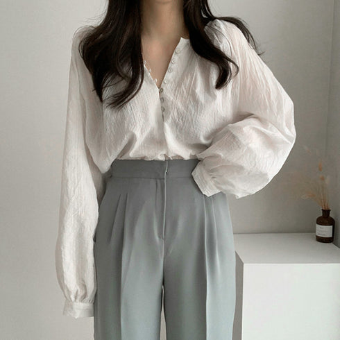 フロントボタン ブラウス バルーンシャツ 大人可愛い トップス きれいめ ホワイト フェミニン 透け感 肌見せ セクシー 白 21SHANGYI-012