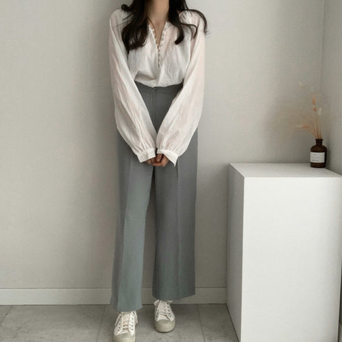 フロントボタン ブラウス バルーンシャツ 大人可愛い トップス きれいめ ホワイト フェミニン 透け感 肌見せ セクシー 白 21SHANGYI-012