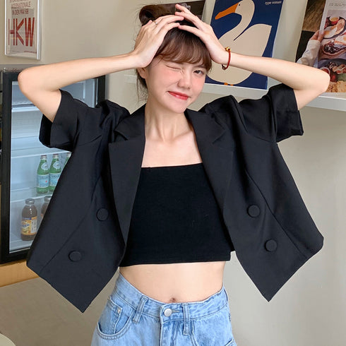 サマージャケット 2点セット 夏コーデ クロップド丈 半袖 レディース ショート丈 トップス カジュアル フェミニン 軽アウター インナー付き 着やせ 羽織 21SHANGYI-023