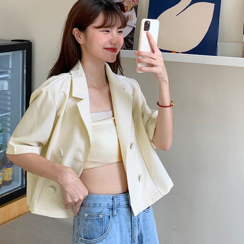 サマージャケット 2点セット 夏コーデ クロップド丈 半袖 レディース ショート丈 トップス カジュアル フェミニン 軽アウター インナー付き 着やせ 羽織 21SHANGYI-023