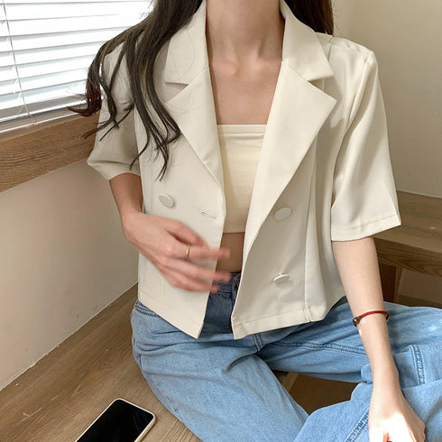 サマージャケット 2点セット 夏コーデ クロップド丈 半袖 レディース ショート丈 トップス カジュアル フェミニン 軽アウター インナー付き 着やせ 羽織 21SHANGYI-023