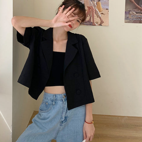 サマージャケット 2点セット 夏コーデ クロップド丈 半袖 レディース ショート丈 トップス カジュアル フェミニン 軽アウター インナー付き 着やせ 羽織 21SHANGYI-023