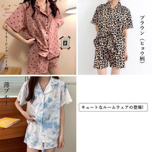 ルームウェア パジャマ 上下2点セット レディース 半袖 小粒ハート柄 春夏物 韓国風 ショートパンツ 大きいサイズ 可愛い 大人ナイトウェア リラックス 21SHANGYI-024