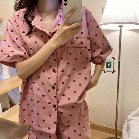 ルームウェア パジャマ 上下2点セット レディース 半袖 小粒ハート柄 春夏物 韓国風 ショートパンツ 大きいサイズ 可愛い 大人ナイトウェア リラックス 21SHANGYI-024