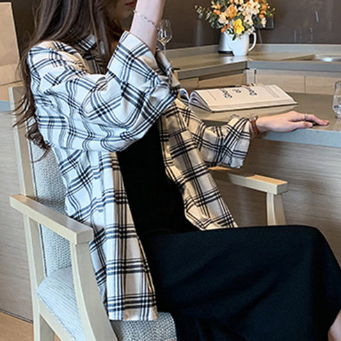 チェック柄 シャツブラウス レディース カーディガン 前開き 着やせ トップス 重ね着 大人カジュアル ポケット付き ライトアウター レトロ 通勤 体型カバー 21SHANGYI-028