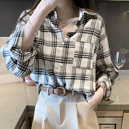 チェック柄 シャツブラウス レディース カーディガン 前開き 着やせ トップス 重ね着 大人カジュアル ポケット付き ライトアウター レトロ 通勤 体型カバー 21SHANGYI-028