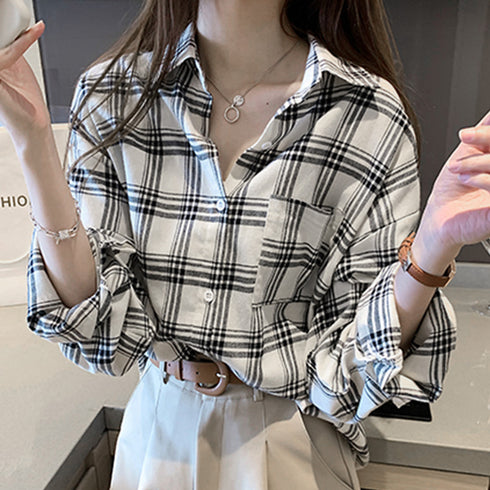 チェック柄 シャツブラウス レディース カーディガン 前開き 着やせ トップス 重ね着 大人カジュアル ポケット付き ライトアウター レトロ 通勤 体型カバー 21SHANGYI-028
