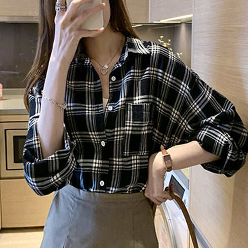 チェック柄 シャツブラウス レディース カーディガン 前開き 着やせ トップス 重ね着 大人カジュアル ポケット付き ライトアウター レトロ 通勤 体型カバー 21SHANGYI-028