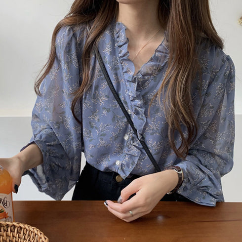 襟フリル シースルー 花柄ブラウス 女性 大人 ゆるシャツ パフスリーブ Vネック OL 通勤 トップス 20代 30代 40代 可愛い 長袖 フェミニン 21SHANGYI-029