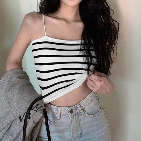 カップ付きキャミソールレディースボーダー キャミブラ セクシー 春夏ブラトップ 楽ちん ショート丈 リラックス インナー へそ出し カジュアル 韓国風 キャミ 21SHANGYI-044