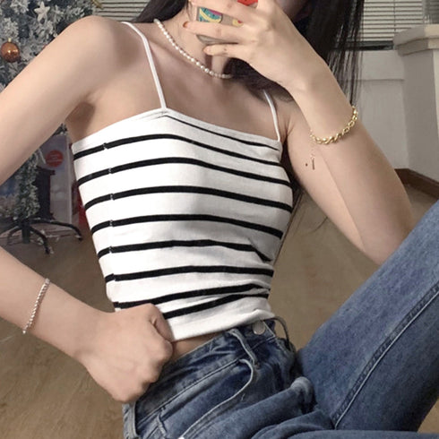 カップ付きキャミソールレディースボーダー キャミブラ セクシー 春夏ブラトップ 楽ちん ショート丈 リラックス インナー へそ出し カジュアル 韓国風 キャミ 21SHANGYI-044