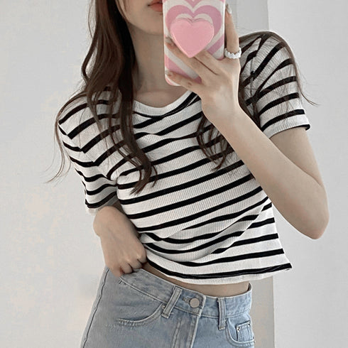 リブ編みニットレディースボーダーTシャツ ラウンドネックtシャツ カラーtシャツ クロップド へそ出し 半袖 オルチャンサマートップス 配色ライン 服 ストレッチ 21SHANGYI-047